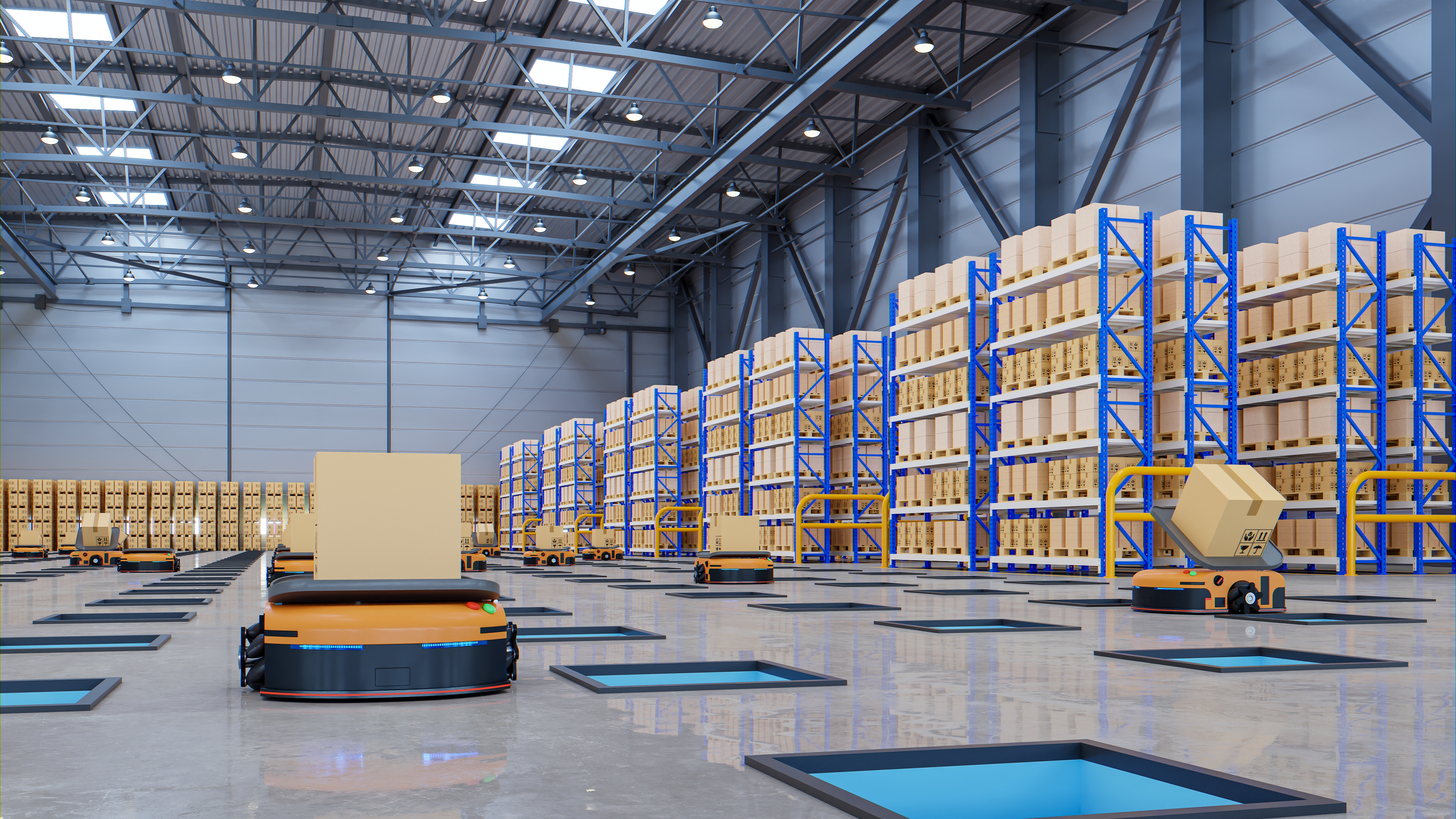 Warehouse with holes in the ground and automated guided vehicles that bring packages to the respected drop zone