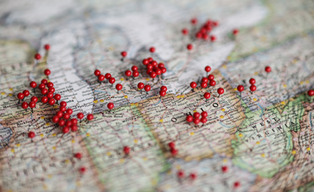 red pins on a map