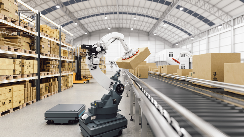 automated robot carriers and robotic arm in smart distribution warehouse