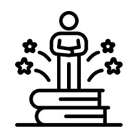 person standing on books with stars icon
