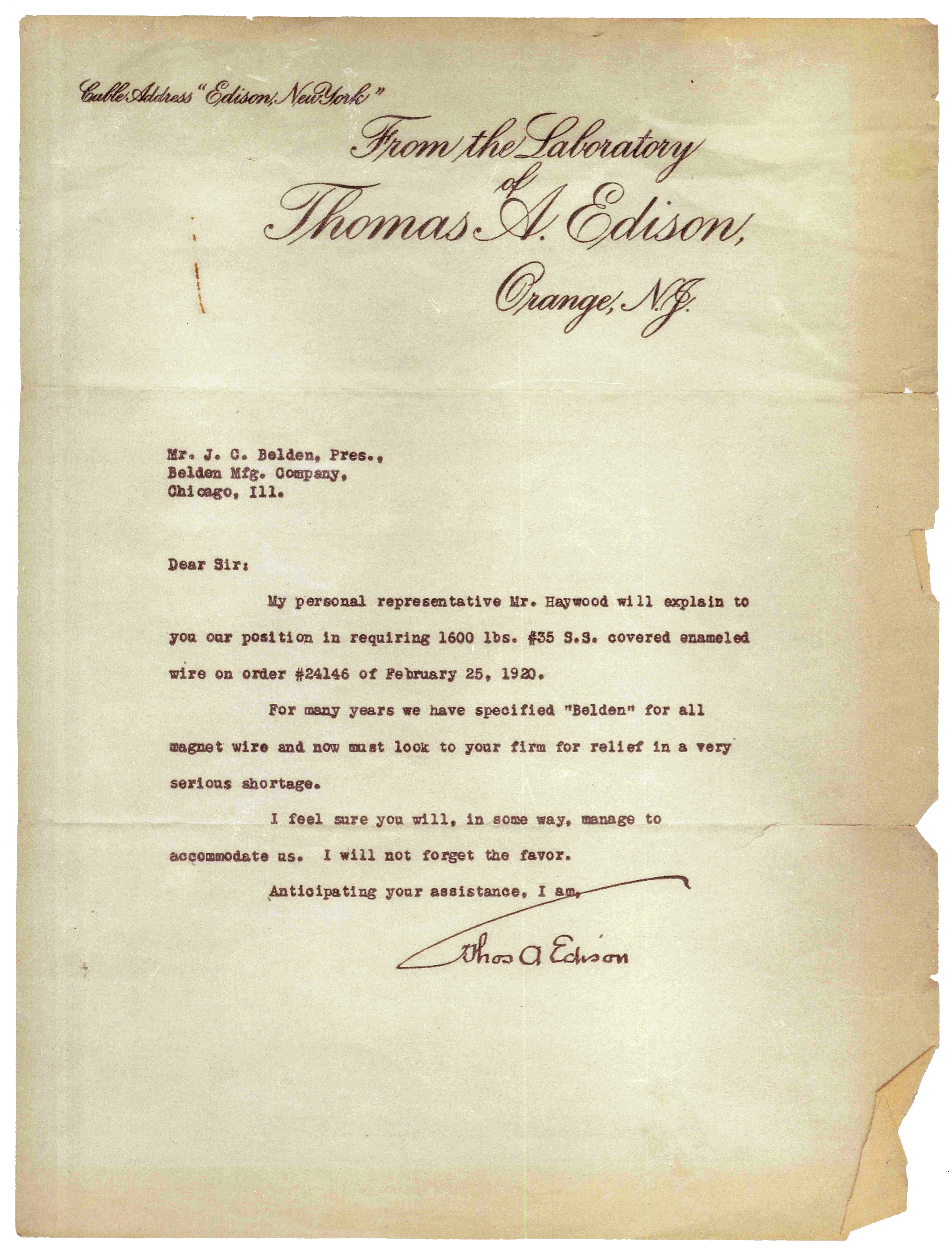 Letter from Thomas Edison to JC Belden, 1920
