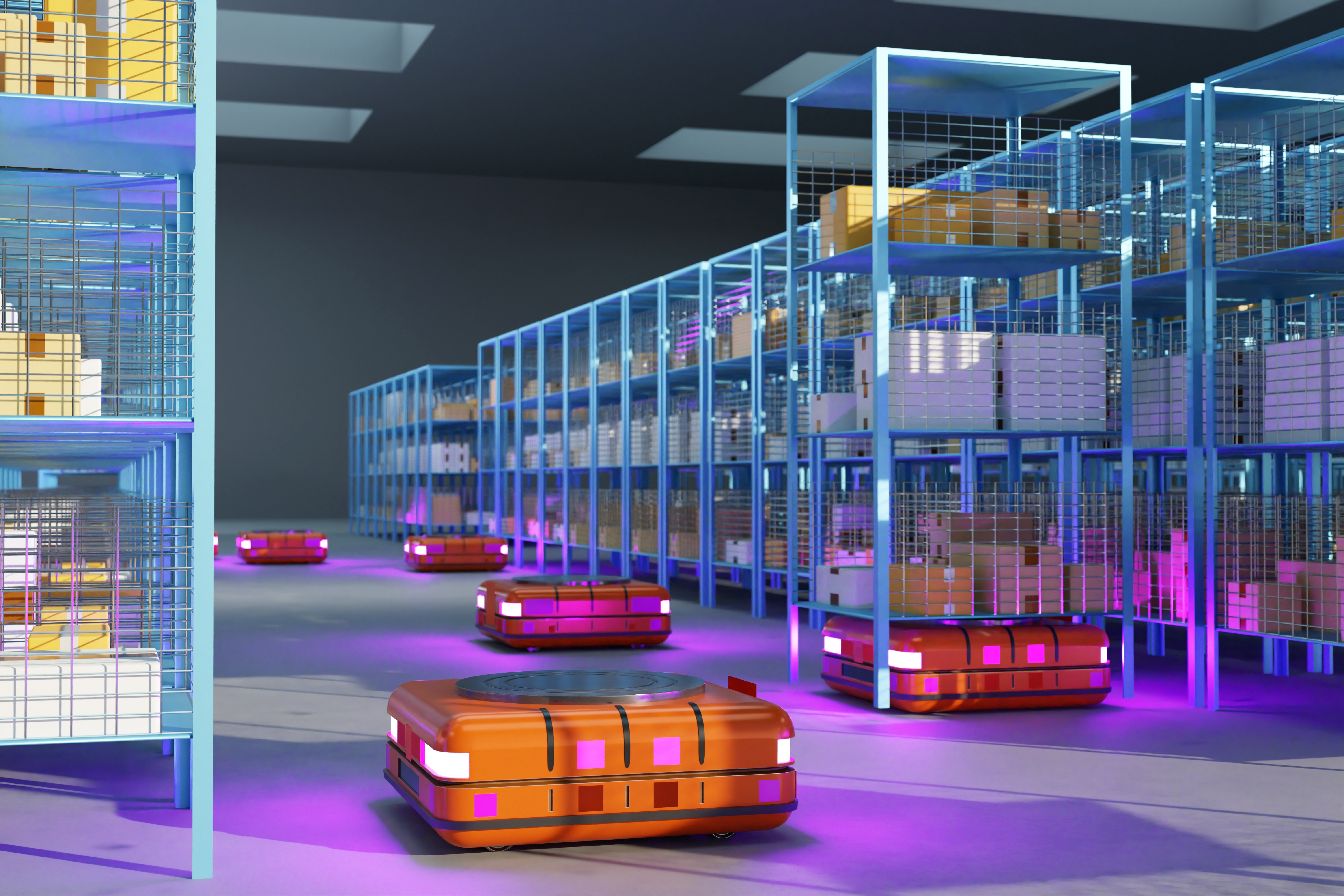 Industrial autonomous warehouse. AGV near shelves with boxes