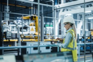 Manufacturing employee inspecting assembly line