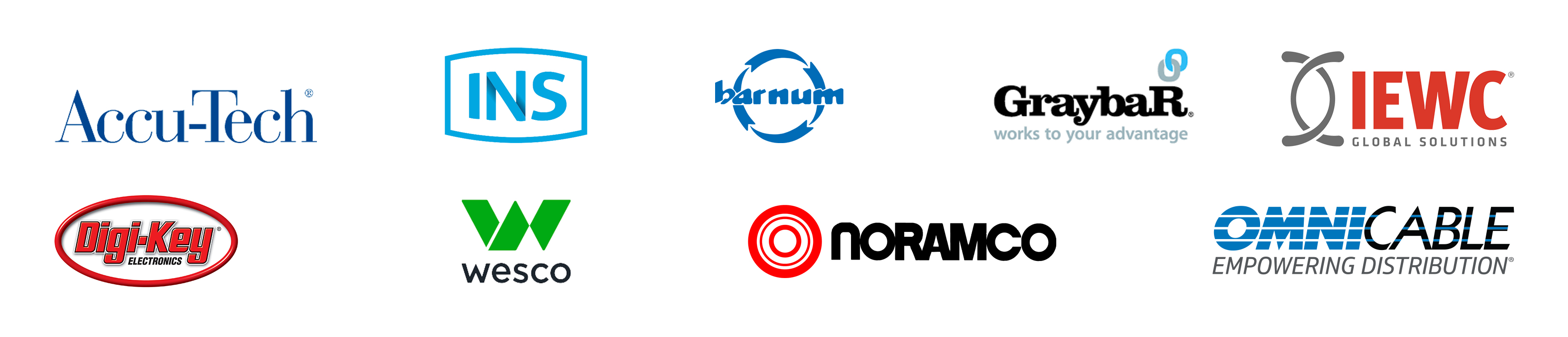 Logos for Accu-Tech, INS, Barnum, Graybar, IEWC, Digi-Key, Wesco, Noramco & OmniCable