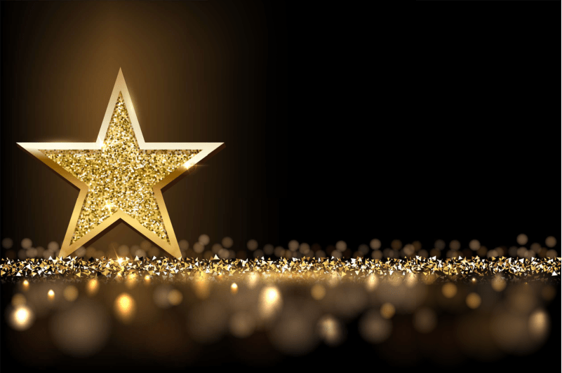 Golden sparkling star isolated on dark luxury horizontal background. Vector design element