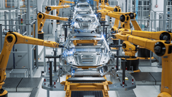 Car Factory 3D Concept : chaîne de montage automatisée de bras robotisés fabriquant des véhicules électriques de haute technologie à énergie verte. Construction automatique, bâtiment, soudage, convoyeur de production industrielle. Vue de face