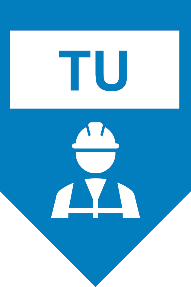 pendant-shaped, light blue icon with worker in hard hat image