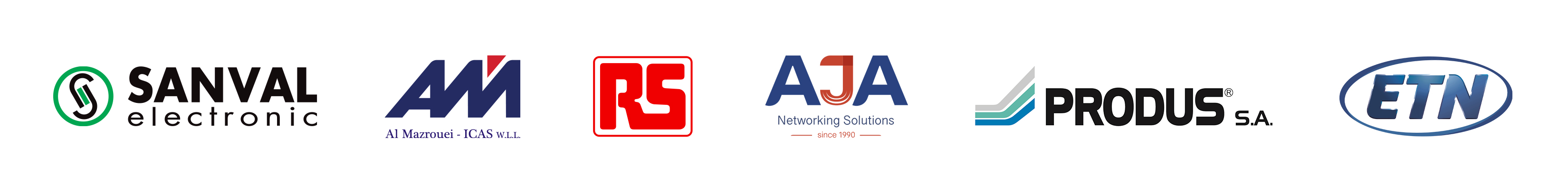 Logos pour Sanval Electronic, AL MAZROUEI, RS Components, AJA Networking, PRODUS et ETN