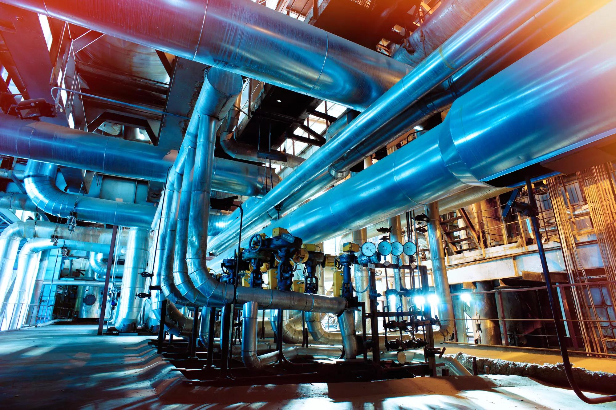 Industrial zone, Steel pipelines, valves and ladders
           