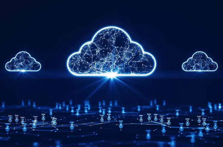 Les concepts de technologie cloud et edge computing prennent en charge un grand nombre d’utilisateurs. Il y a trois icônes de nuage visibles ci-dessus. Ci-dessous, l’icône utilisateur est connectée à un polygone sur un fond bleu foncé.