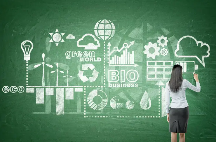 A woman drawing symbols of alternative energy sources on a green blackboard. Back view. Concept of clean environment.