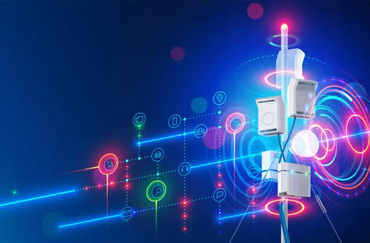 5g mobile internet communication tower of cellular network. Wireless broadband antenna transmissions telecommunication signal. Aerial mast of digital connection broadcasting data on portable devices.