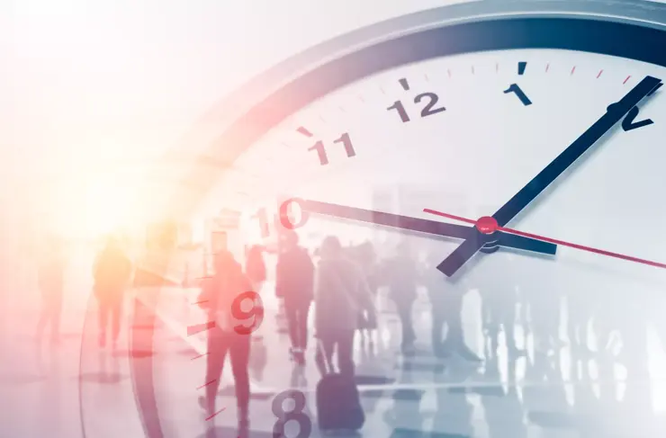 Business times concept people walking overlay with time clock