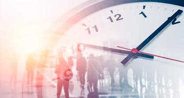 Business times concept people walking overlay with time clock