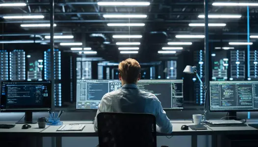 in the system control room technical operator sits and monitors various activities showing on multiple displays with graphics. responsibility for information security in the company concept