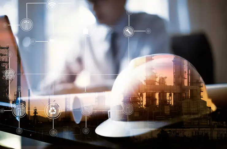 Double exposure of Engineer with oil refinery industry plant background, industrial instruments in the factory and physical system icons concept