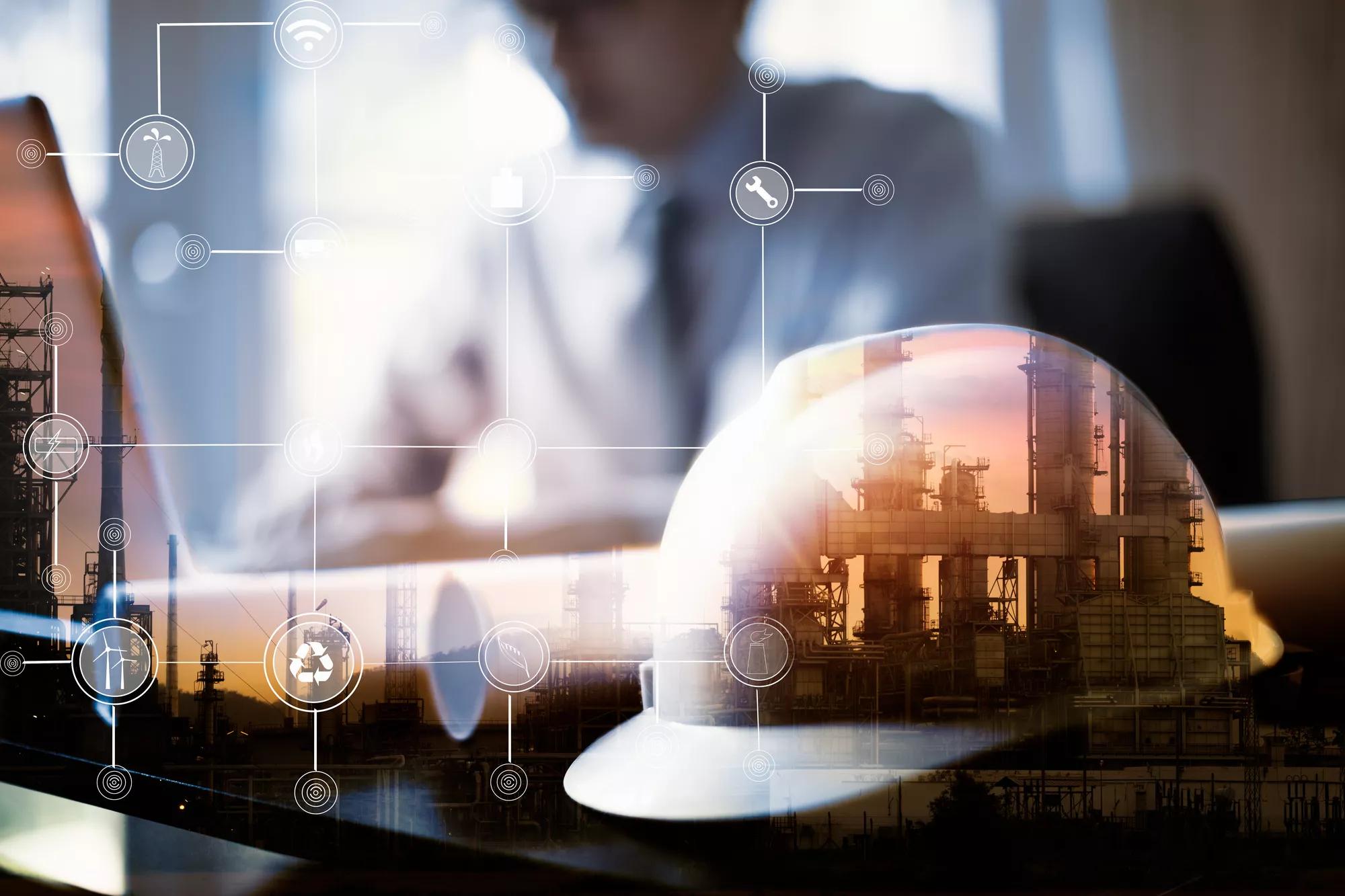 Double exposure of Engineer with oil refinery industry plant background, industrial instruments in the factory and physical system icons concept