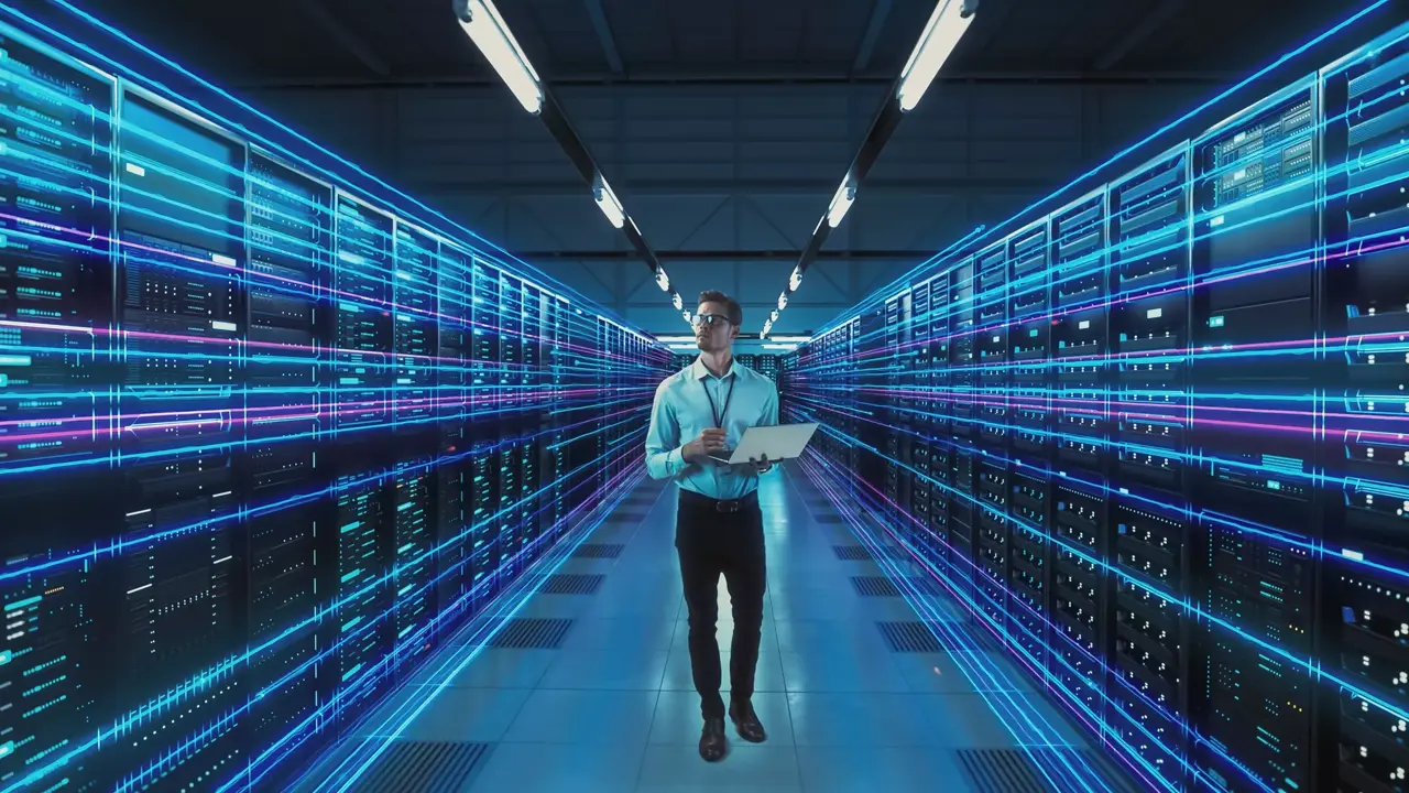 Futuristic Concept: Data Center Chief Technology Officer Holding Laptop, Standing In Warehouse, Information Digitalization Lines Streaming Through Servers. SAAS, Cloud Computing, Online Service