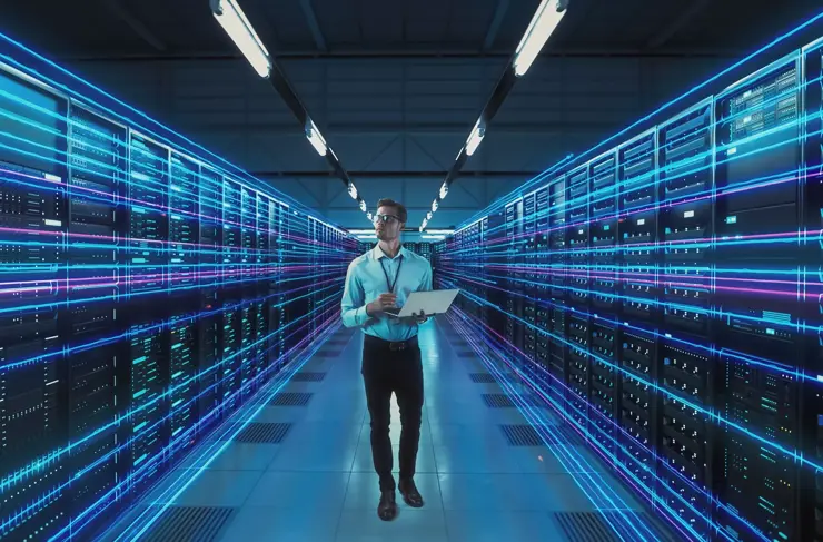 Futuristic Concept: Data Center Chief Technology Officer Holding Laptop, Standing In Warehouse, Information Digitalization Lines Streaming Through Servers. SAAS, Cloud Computing, Online Service