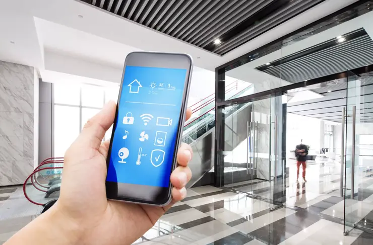 smart phone with smart home in spacious center of business building