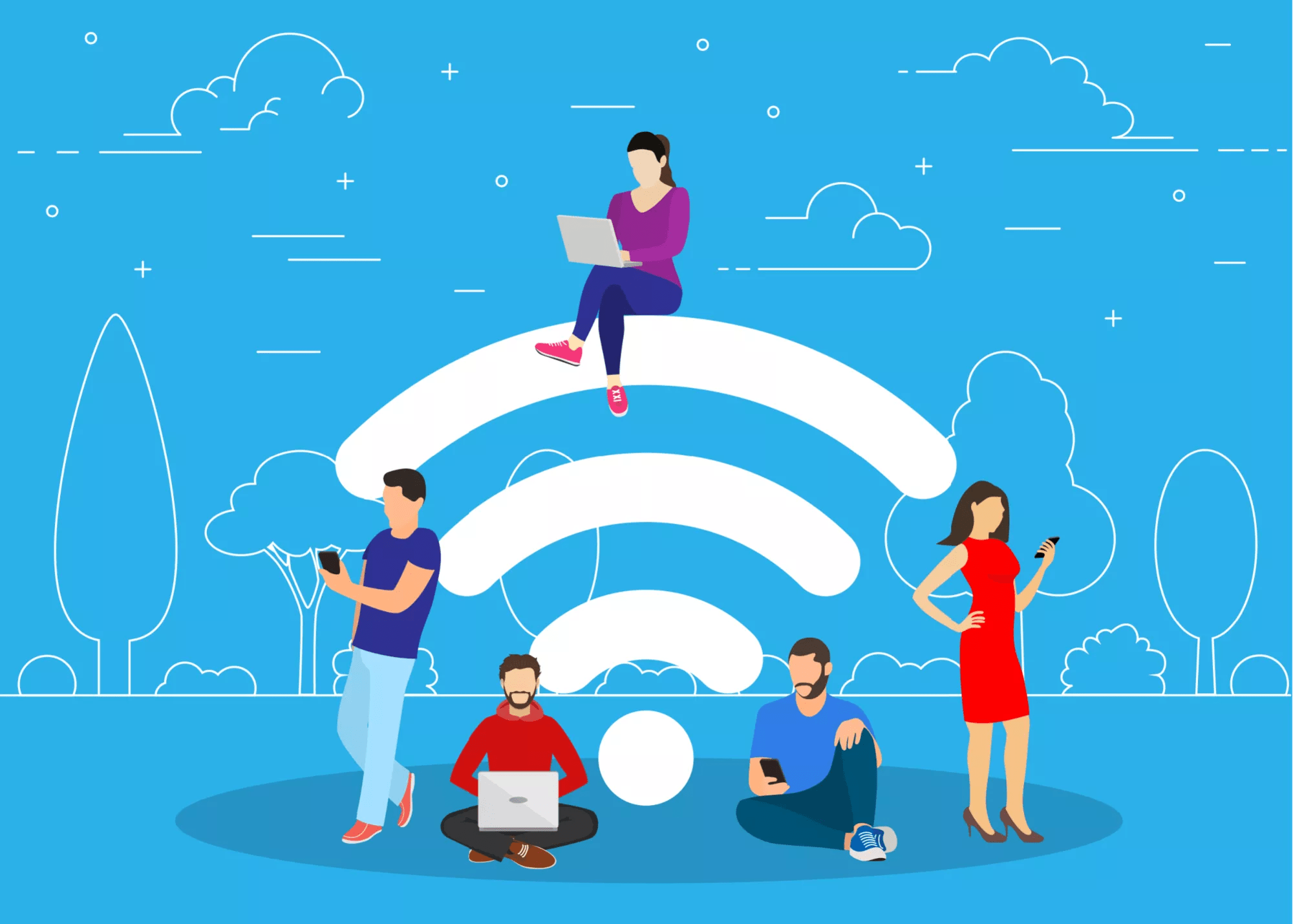 Wi-Fi symbol with people sitting around it (illustration)