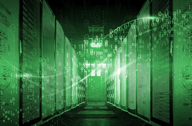 binary code particles and neon glowing cyber wave. in modern server room Big data structure. Internet or cyberspace technology concept. Green tone