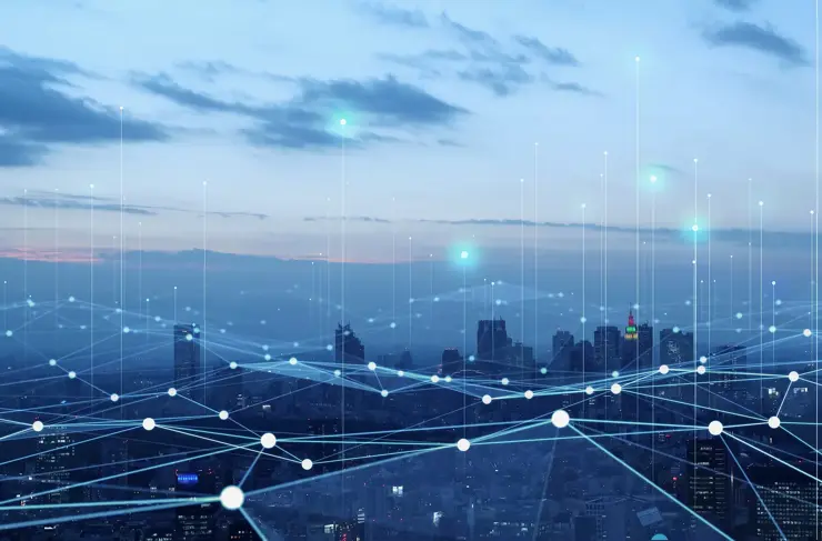 Smart city and communication network concept. 5G. IoT (Internet of Things). Telecommunication.