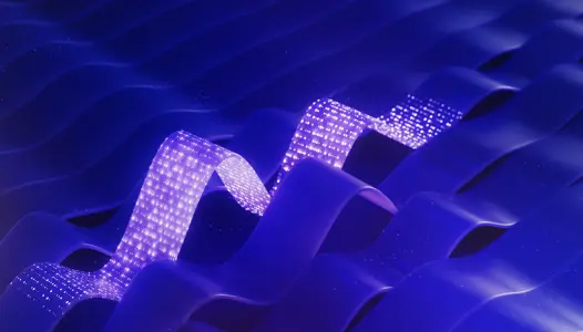 Blue abstract background with light traveling through abstract flat cable illustrating data flow (3D render)