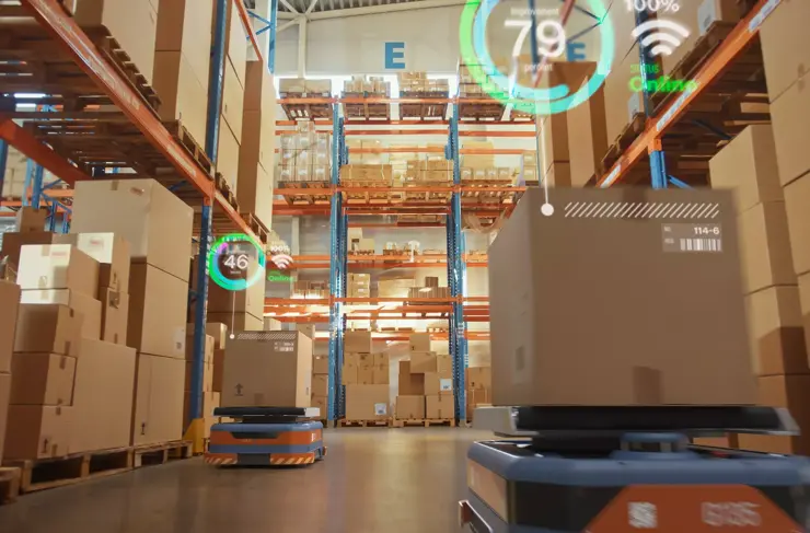 Future Technology 3D Concept: Automated Retail Warehouse AGV Robots with Infographics Delivering Cardboard Boxes in Distribution Logistics Center. Automated Guided Vehicles Goods, Products, Packages