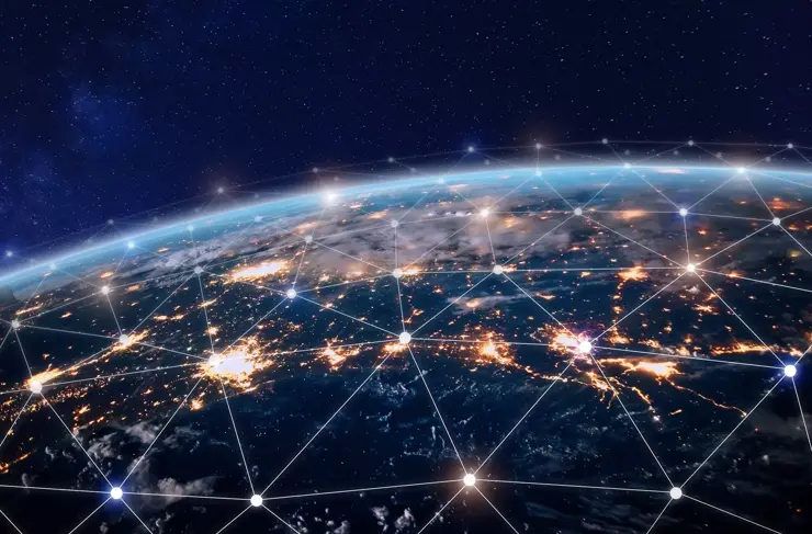 Global world telecommunication network with nodes connected around earth, concept about internet and worldwide communication technology, image from space furnished by NASA
