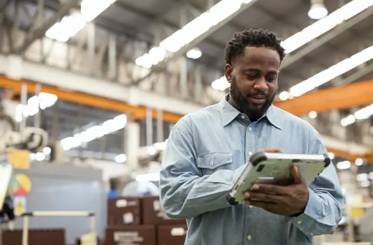 利用资产绩效管理提高制造业的机器效率。 一名男性生产控制经理在生产线上使用平板电脑进行远程资产监控、资产健康状况监测，以减少生产停机时间并进行预测性维护。