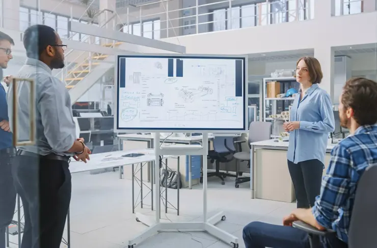 In the In Industrial Design Facility Team of Engineers and Technicians have a Meeting, Female Specialist Leads Briefing, Talks and Draws on Digital Interactive Whiteboard with Car Prototype Concepts