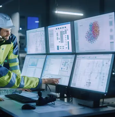 Industry 4.0 Modern Factory: Project Engineer Talks to Female Operator who Controls Facility Production Line, Uses Computer with Screens Showing AI, Machine Learning Enhanced Assembly Process