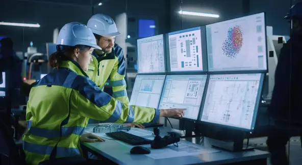 Industrie 4.0 in der modernen Fabrik: Projektingenieur spricht mit Bedienerin, die die Produktionslinie der Anlage steuert, verwendet einen Computer mit Bildschirmen, die KI und maschinelles Lernen zeigen verbesserte Montageprozesse