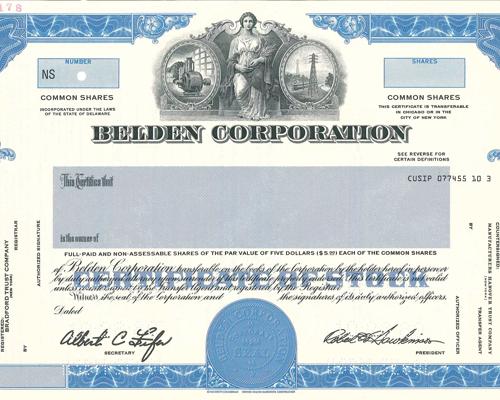 Early Belden stock certificate.