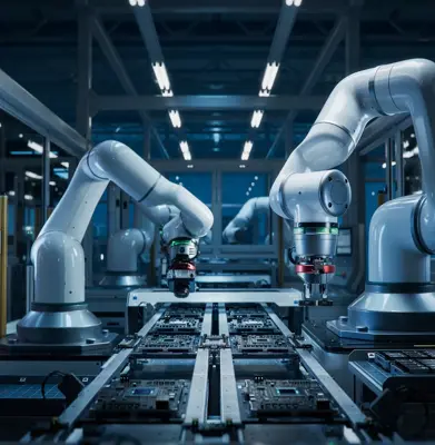 Advanced High Precision Robot Arms on Fully Automated PCB Assembly Line Inside Modern Electronics Factory. Electronic Devices Production Industry. Component Installation on Circuit Board