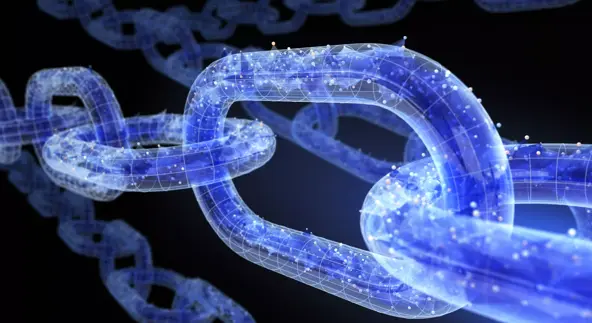 transparent network chain rendering, flooded with abstract blue data flow on black background 