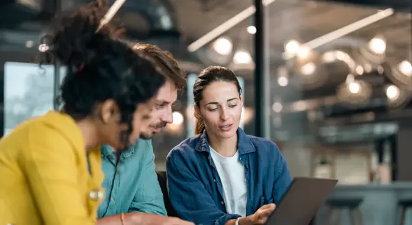 group of business people working, the team are sitting at a board room table looking at a laptop computer. all dressed in casual business clothing with a window behind them.