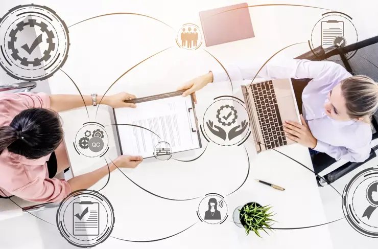 Quality Assurance and Quality Control Concept - Modern graphic interface showing certified standard process, product warranty and quality improvement technology for satisfaction of customer.