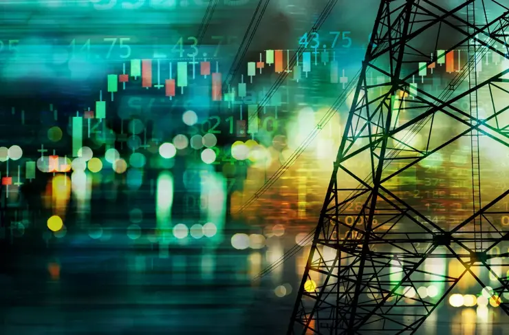 Markt, Aktiendiagramm und Informationen mit Stadt, Licht und Elektrizität und Energieanlagen, Industrie und Geschäft, Banner Hintergrund
