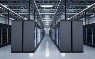 data center, rows with black server cabinets with zone lighting & drop-away ceiling