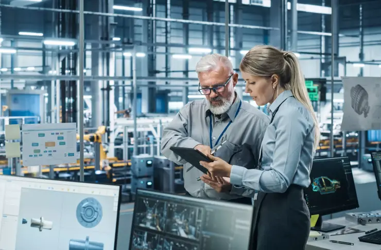 Bureau de l’usine automobile : le directeur s’entretient avec l’ingénieur principal, utilise une tablette électronique pour concevoir un convoyeur de production pour les moteurs électriques avancés. Chaîne de montage automatisée de bras robotisés Fabrication de véhicules