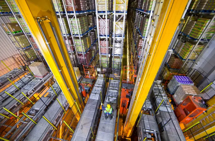 Plan large d’un travailleur debout sous des marchandises alimentaires stockées dans un entrepôt doté d’un système automatisé de stockage et de récupération 