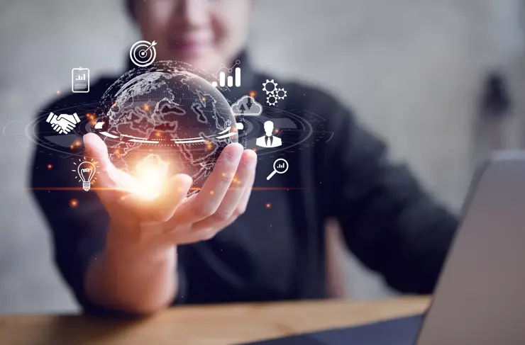 partner alliance specialist holding holographic globe surrounded by success icons.