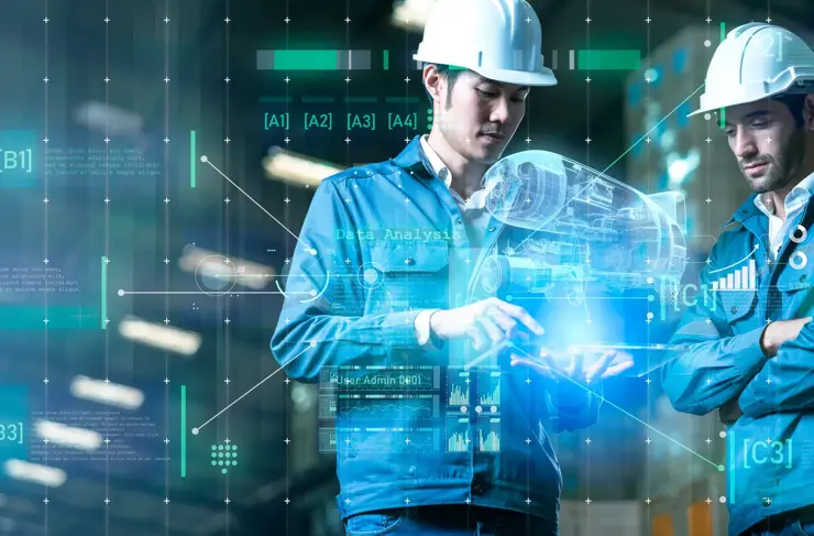 Engineer with AI factory system production line. Engineering smart EV car factory automated machine AR augmented reality technology futuristic robot control future industrial concept