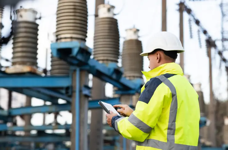 Elektroingenieur studiert Lesen auf einem Tablet. Ein Elektrotechniker arbeitet mit einem digitalen Tablet in der Nähe eines Strommastes. Konzept der Energiewirtschaftstechnologiebranche