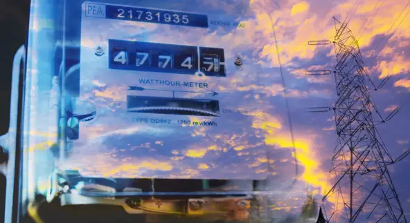 Electric power meter measuring power usage with High voltage post. Watt hour electric meter measurement tool.