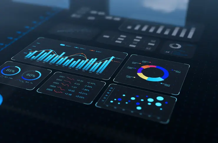 data analytics automated with ai technology. big data, business analytics and artificial intelligence automation. dashboard report with sales and operations charts and kpi insights on touch screen.