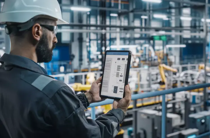 Ingénieur d’usine automobile en uniforme de travail utilisant une tablette avec des plans et des schémas électriques. Spécialiste masculin dans une usine de fabrication industrielle automobile travaillant sur la production automobile.