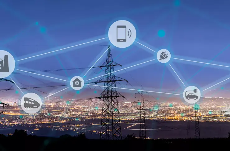 High power electricity poles connected to smart grid. Energy supply, distribution of energy, transmitting energy, energy transmission, high voltage supply concept photo, smart grid, smart home